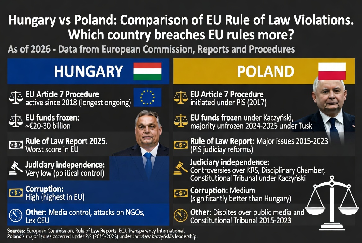  Węgry a Polska: porównanie naruszeń praworządności według UE. Które państwo bardziej łamie zasady Unii?